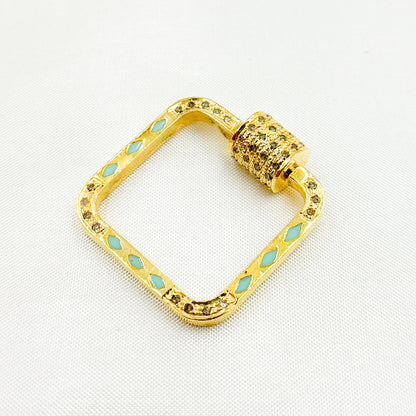 DC11. Sterling Silver Square Enamel Diamond Screw Clasp