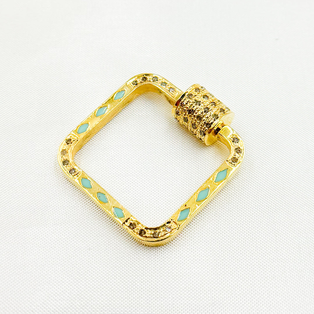 DC11. Sterling Silver Square Enamel Diamond Screw Clasp