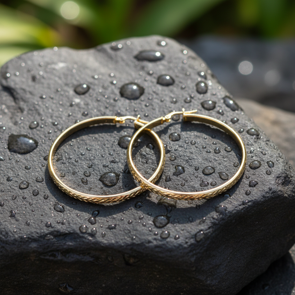 GER153. 14K Solid Gold Hollow Diamond Cut Hoop