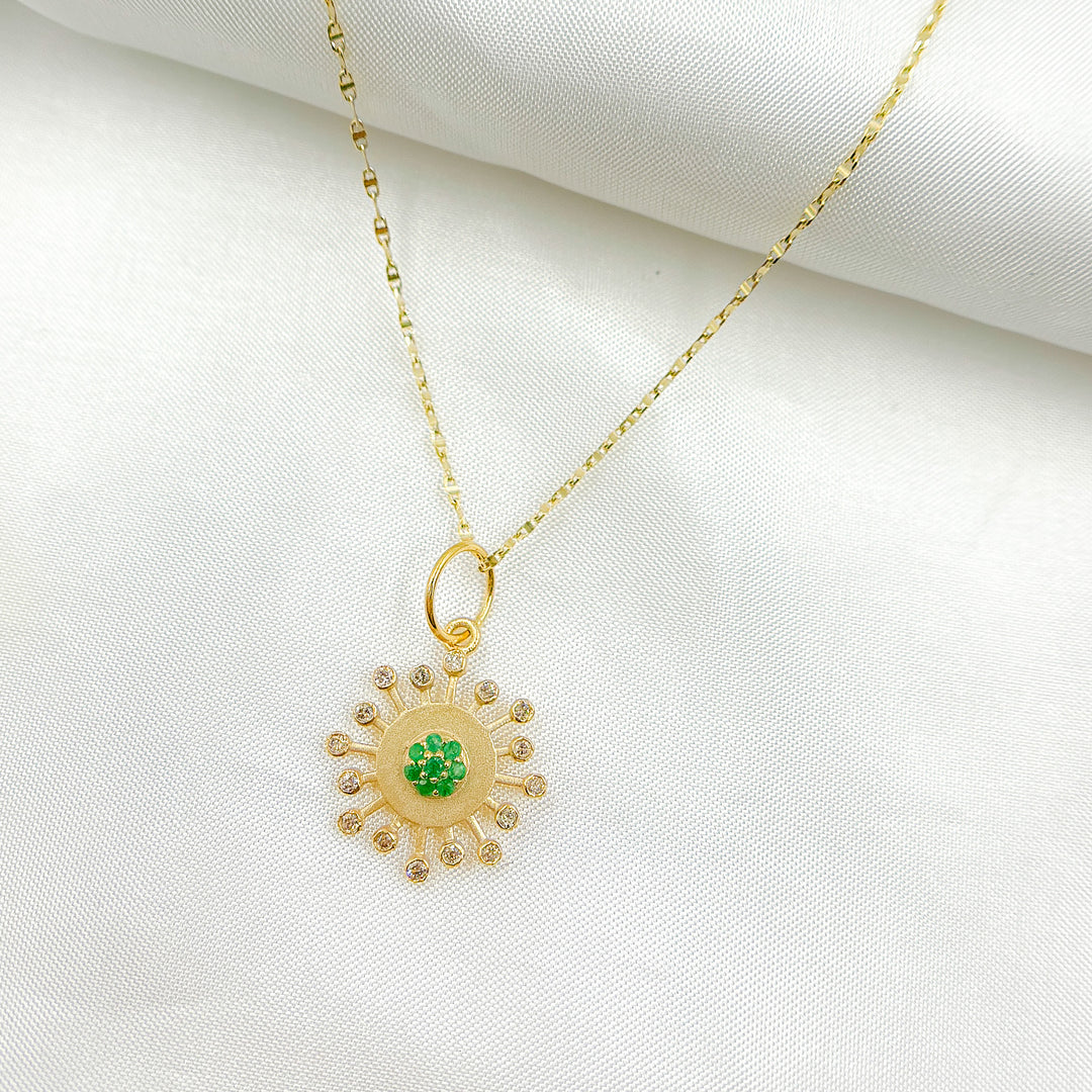 14k Solid Gold Diamond and Emerald Sun Charm. GDP647