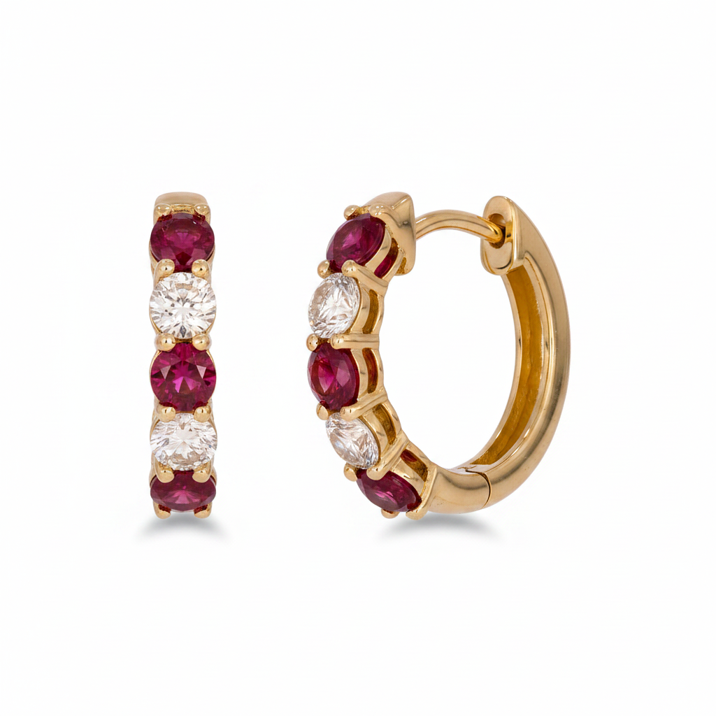 EHG56555. 14k Solid Gold Gemstone and Diamond Hoops