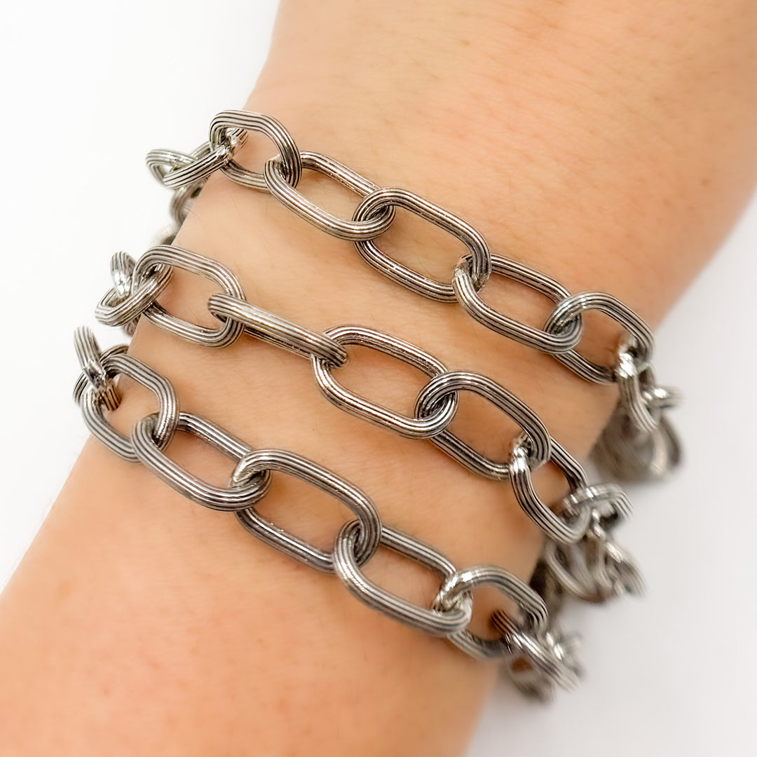 V152OX. Oxidized Sterling Silver Textured Oval Chain
