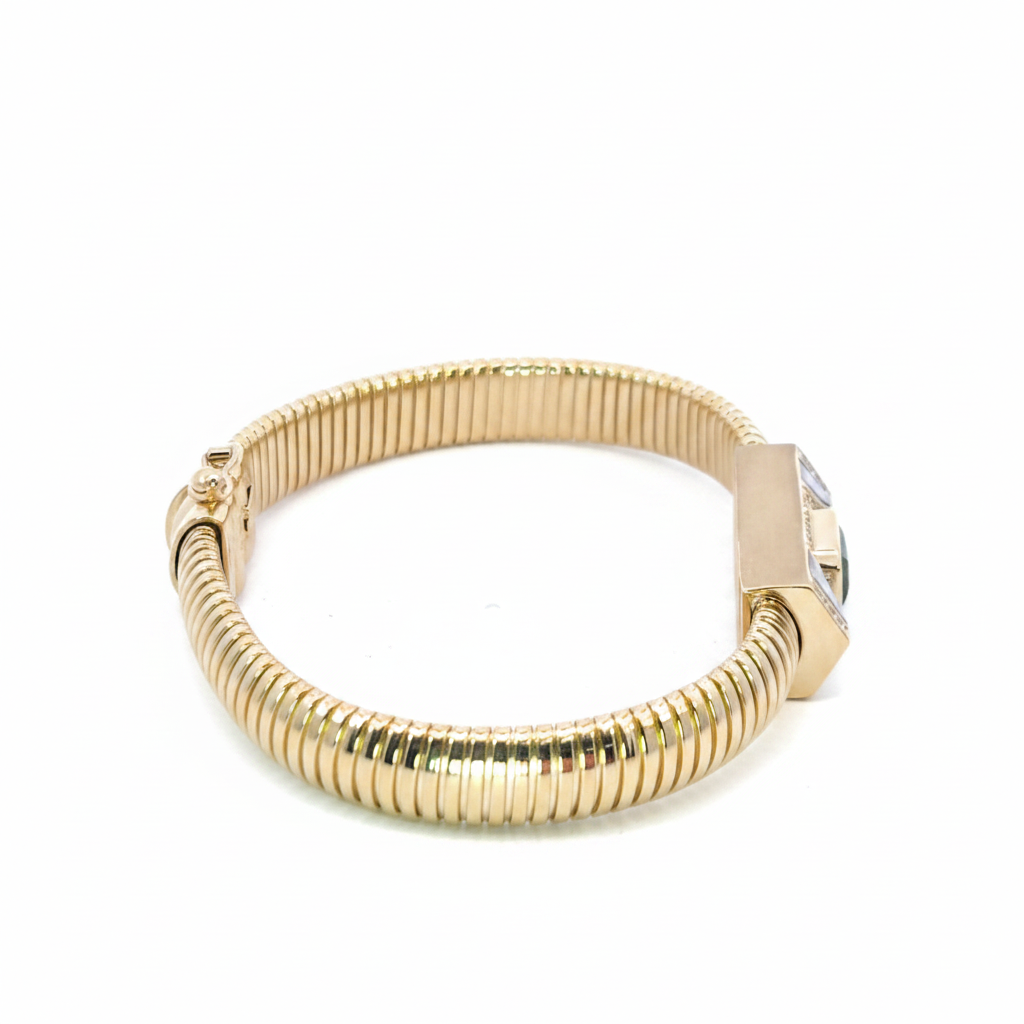 CB97170EM8X6. 14k Solid Gold Diamond, Emerald, and Mother of Pearl Fancy Bracelet