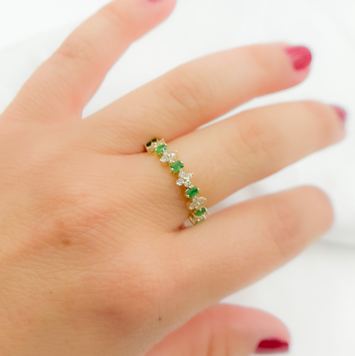 14K Solid Yellow Gold Diamond and Emerald Flower and Baguette Ring.