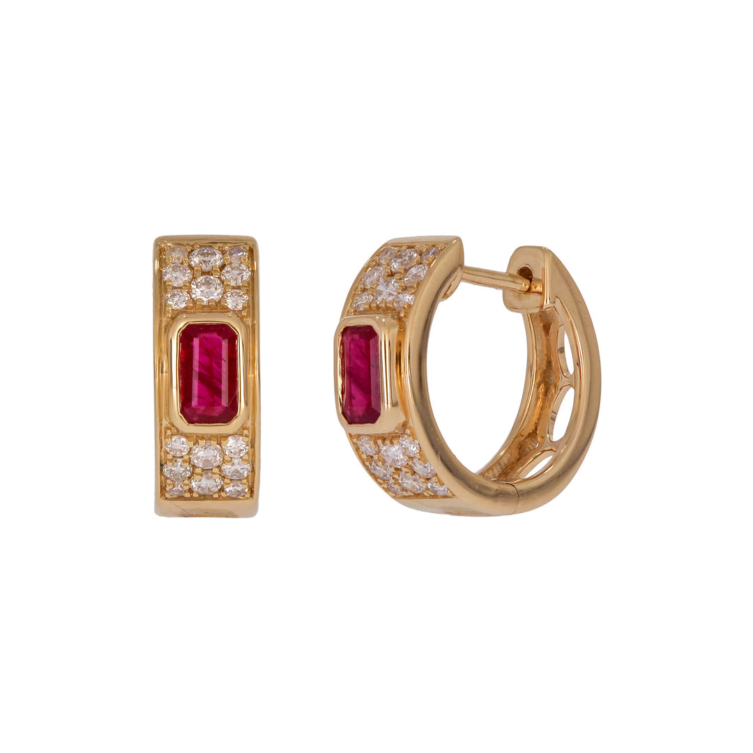 EHF57634. 14k Solid Gold Diamond and Gemstones Hoop Earrings