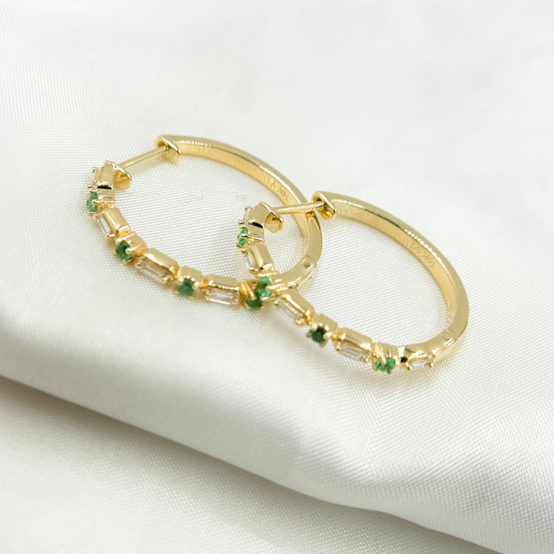 14k Solid Gold Diamond and Emerald Hoops. EHD56614EM