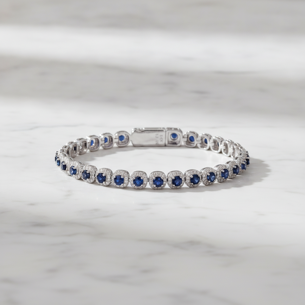 CB97418BS3. 14K White Solid Gold Diamond and Blue Sapphire Fancy Bracelet