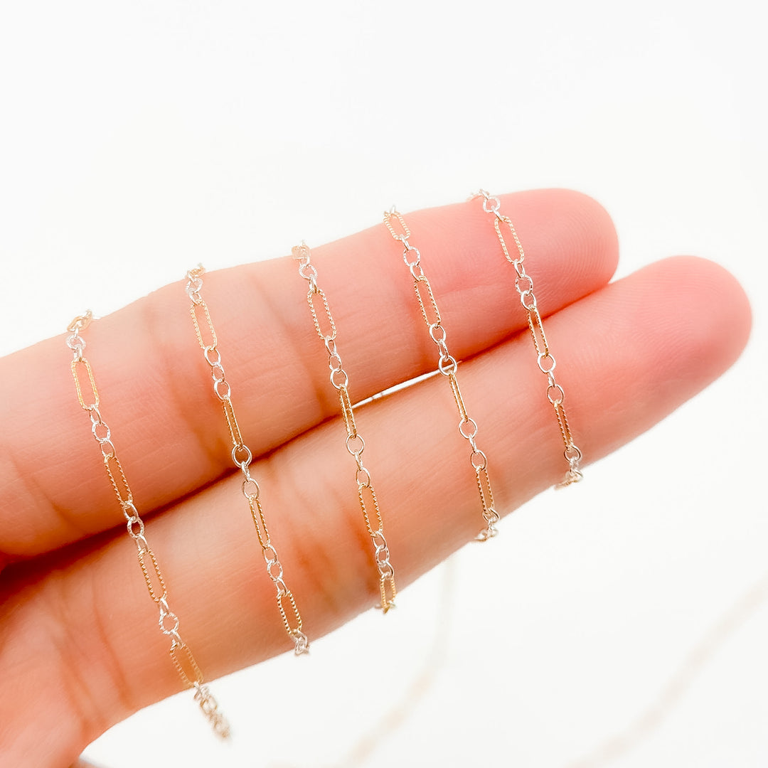 XM/1003K/SP. 14K Gold Filled and Sterling Silver Knurled Link Chain – Long & Short Pattern