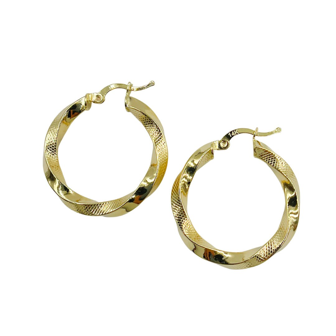 GER120. 14K Solid Gold Twisted Textured Hollow Hoop Earrings 26mm – Lightweight Hoops