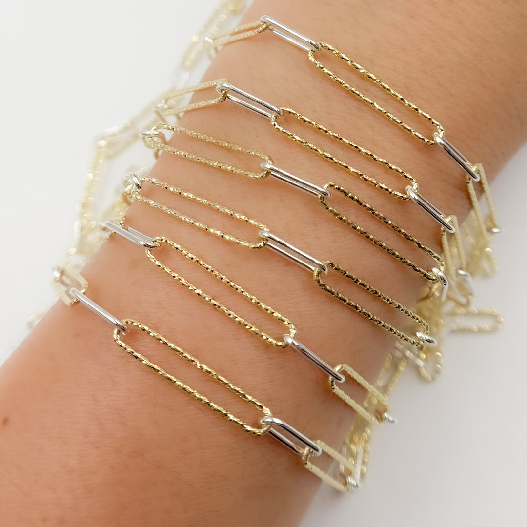 V3GS1. Sterling Silver Smooth and Gold Plated Diamond Cut Paperclip Chain