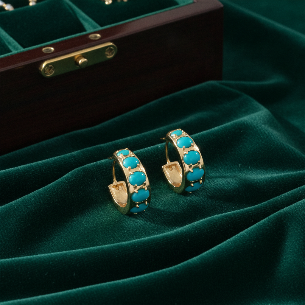 EHZ57740TQ. 14K Solid Gold Turquoise Huggies Hoop Earrings