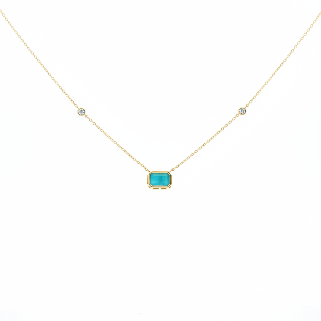 NT407401. 14K Solid Gold Rectangular Turquoise Fancy Tiny Necklace