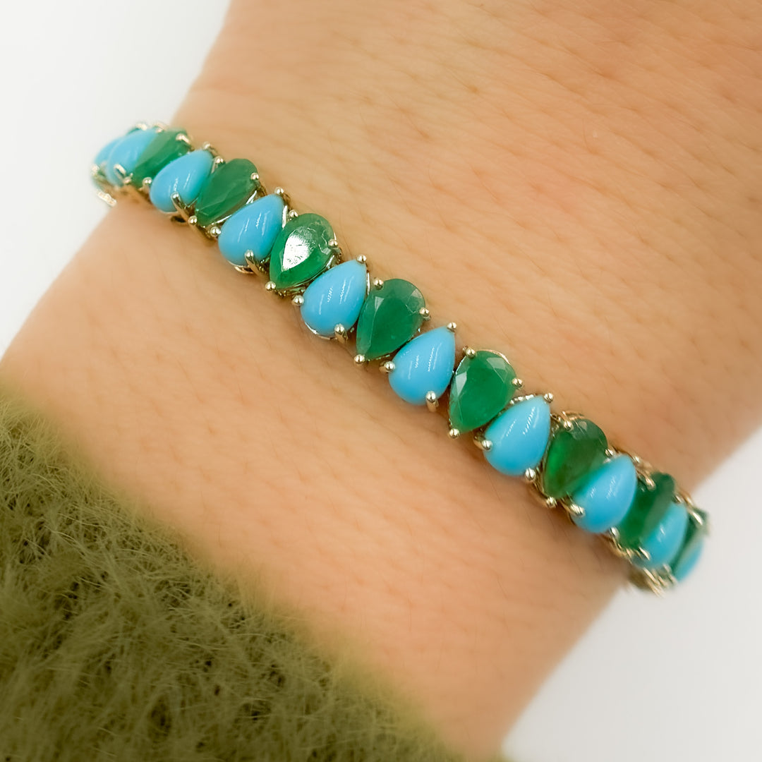 CB97133TQ6X4. 14k Solid Gold Turquoise Tennis Bracelet