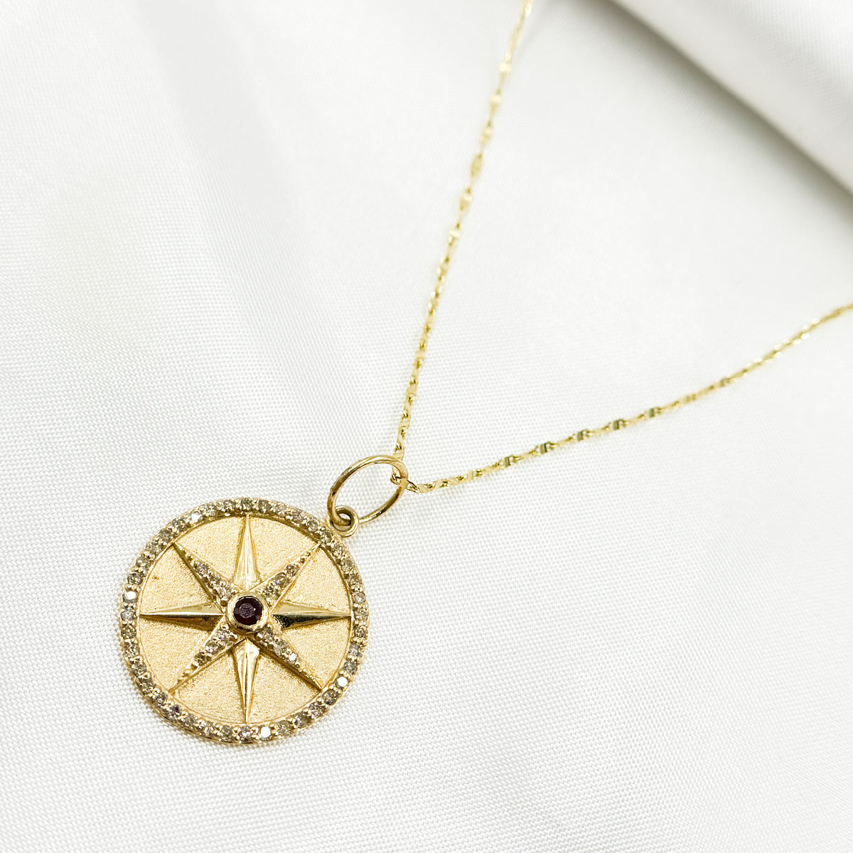 GDP498. 14K Solid Gold Diamonds and Ruby Circle Star Charm