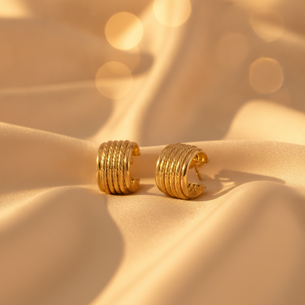 15850018990. 14K Solid Gold Ribbed Hollow Hoop Earrings