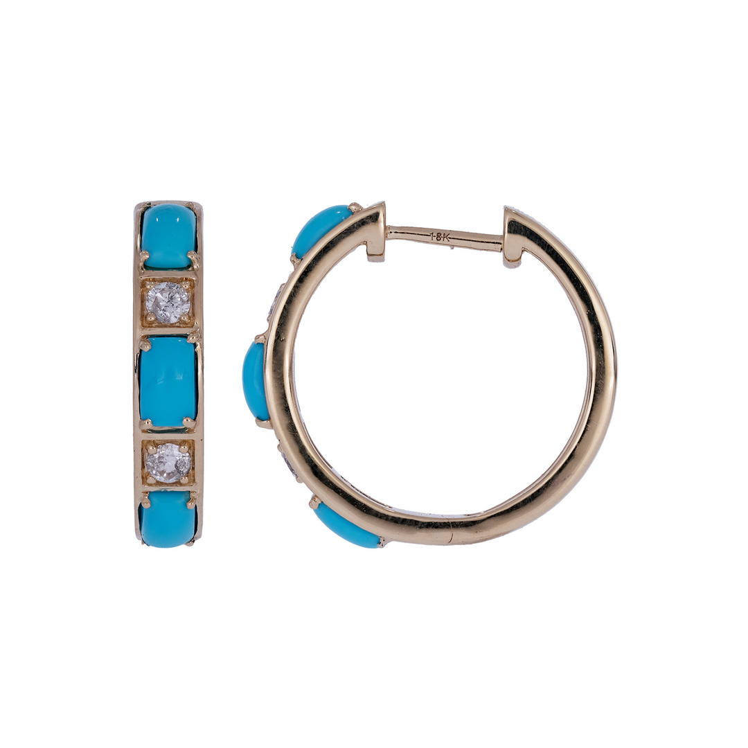 CE97353TQ5X3-14K. 14K Solid Gold Diamond and Turquoise Round Hoop Earrings