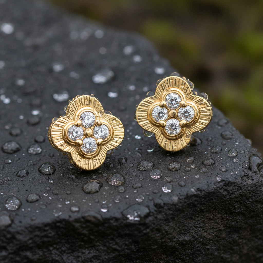 EFA53390. 14K Solid Gold Diamond Flower Stud Earrings