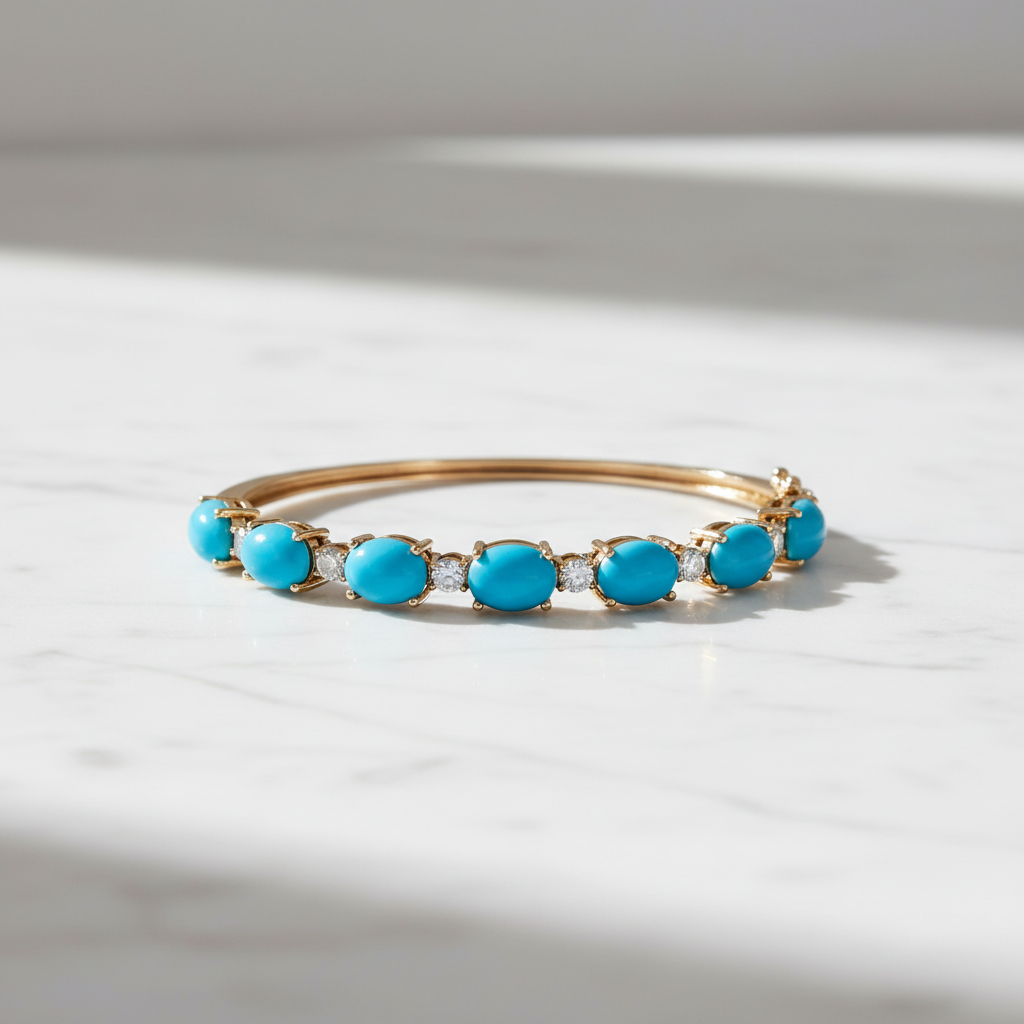 CB97360TQ8X6. 18K Solid Gold Diamond & Turquoise Bangle