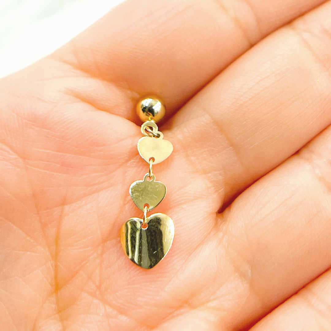 GER118. 14K Solid Gold Dangle Earring with Hearts