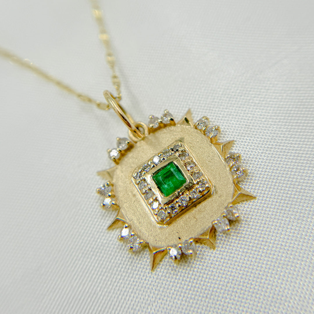 14k Solid Gold Diamond and Emerald Square Charm. GDP656