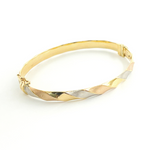 Load image into Gallery viewer, 14K Solid Gold Tri-Color Matte &amp; Shinny Twisted Bangle. Bangle11
