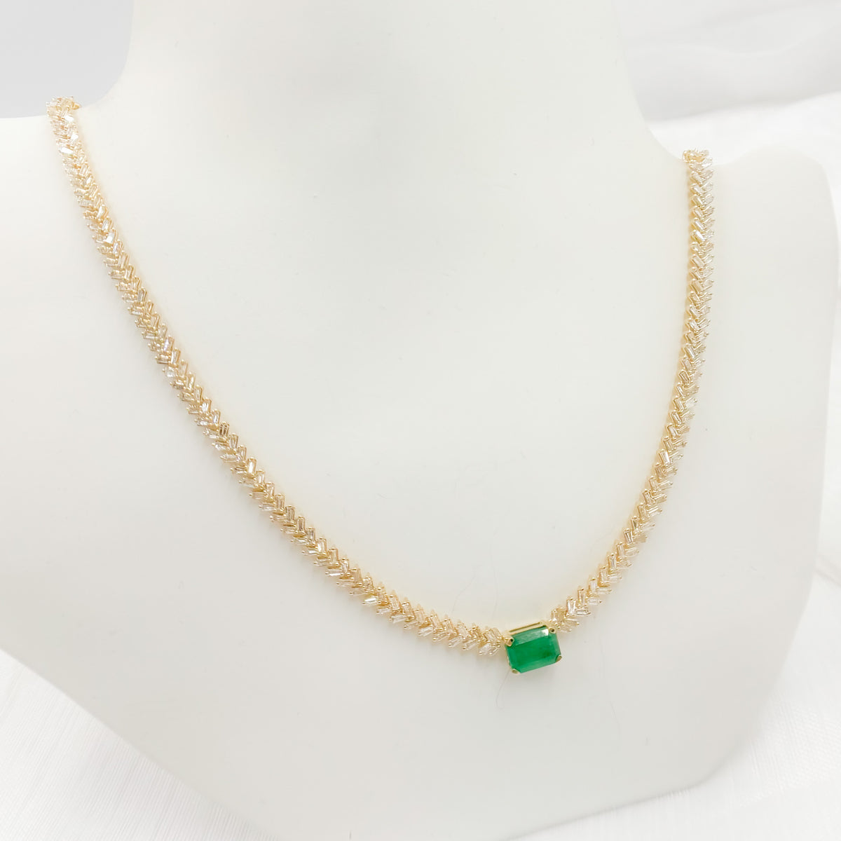 Shop Now 14K Solid Gold Baguette Diamond and Solitaire Emerald Necklace