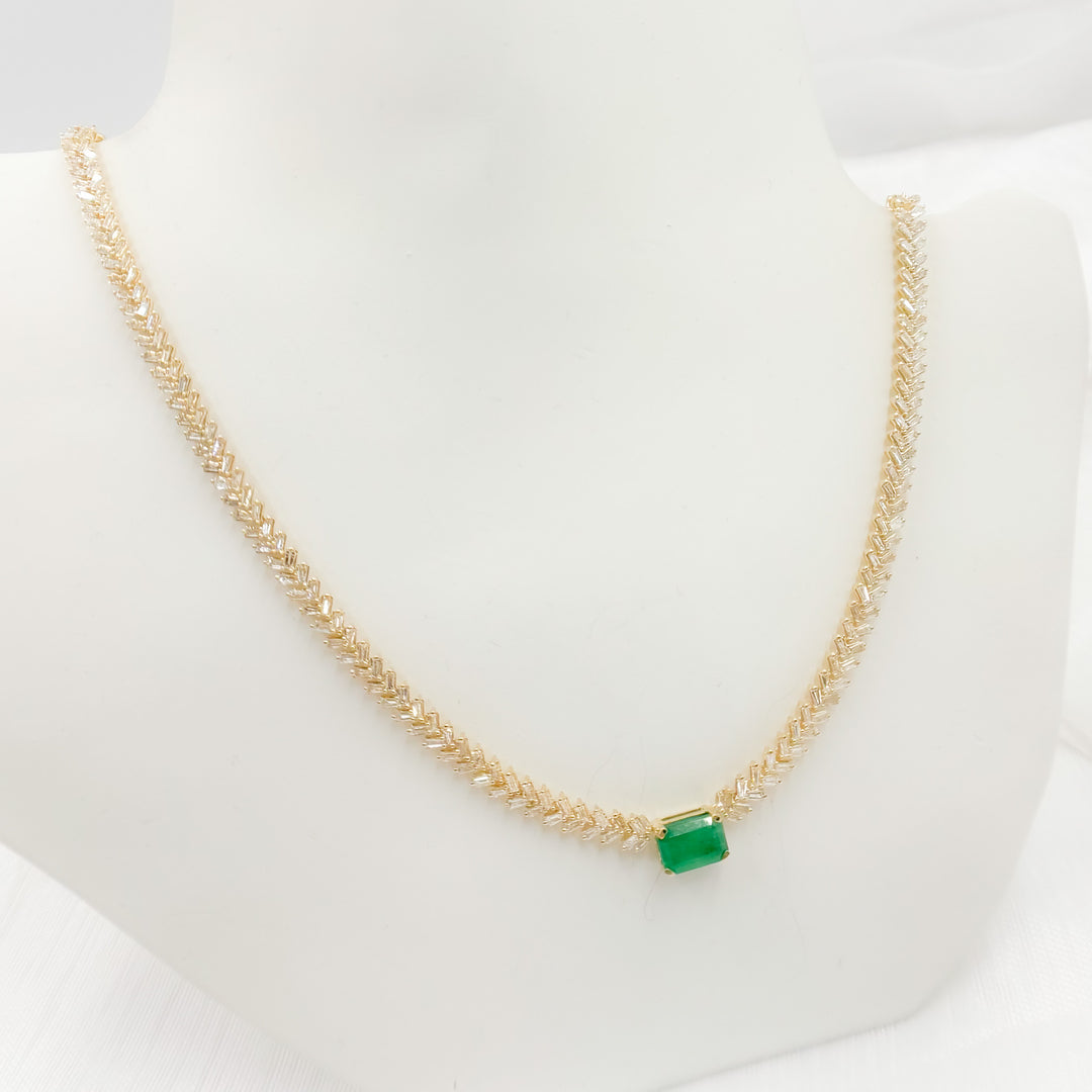 NK402201. 14K Solid Gold Baguette Diamond and Solitaire Emerald Necklace