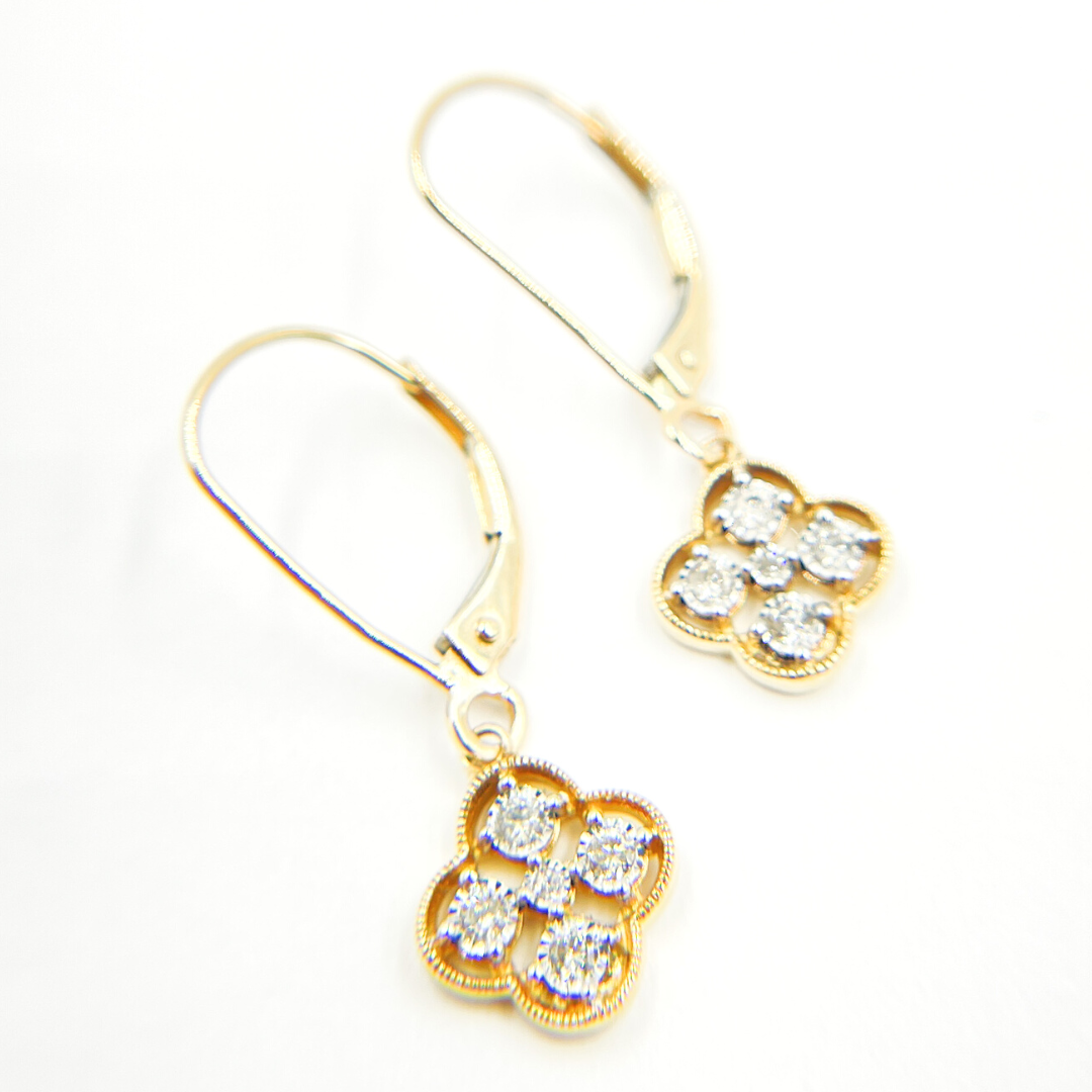 14K Solid Gold and Diamonds Flower Dangle Earrings. GDT63