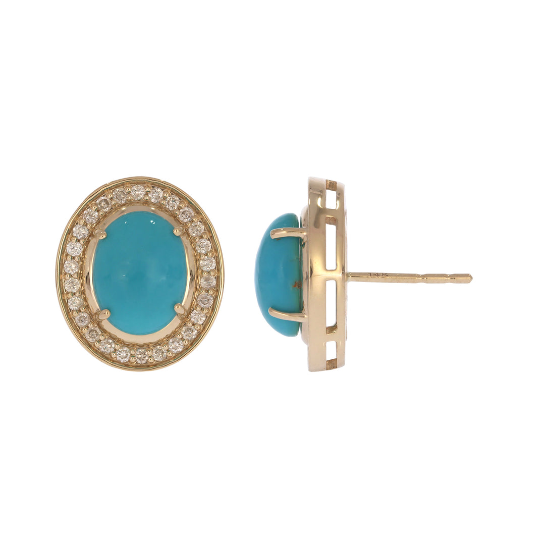CE97455TQ9X7. 14K Solid Gold Diamond and Turquoise Oval Stud Earrings