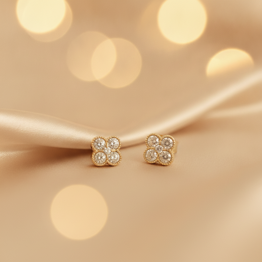 EFF51699. 14K Solid Yellow Gold Diamond Flower Studs