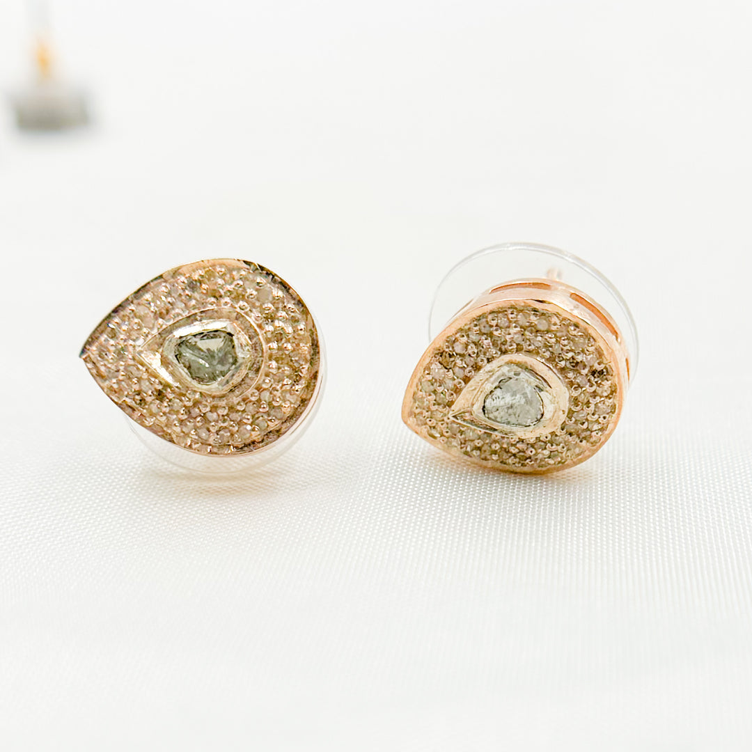 DE041. Pave Diamond and Dark Polka Diamond Silver Drop Studs