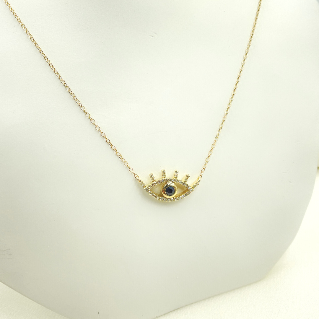 14k Solid Yellow Gold, Diamonds & Precious Stone Cable Link Evil Eye Necklace. NFC70804BS