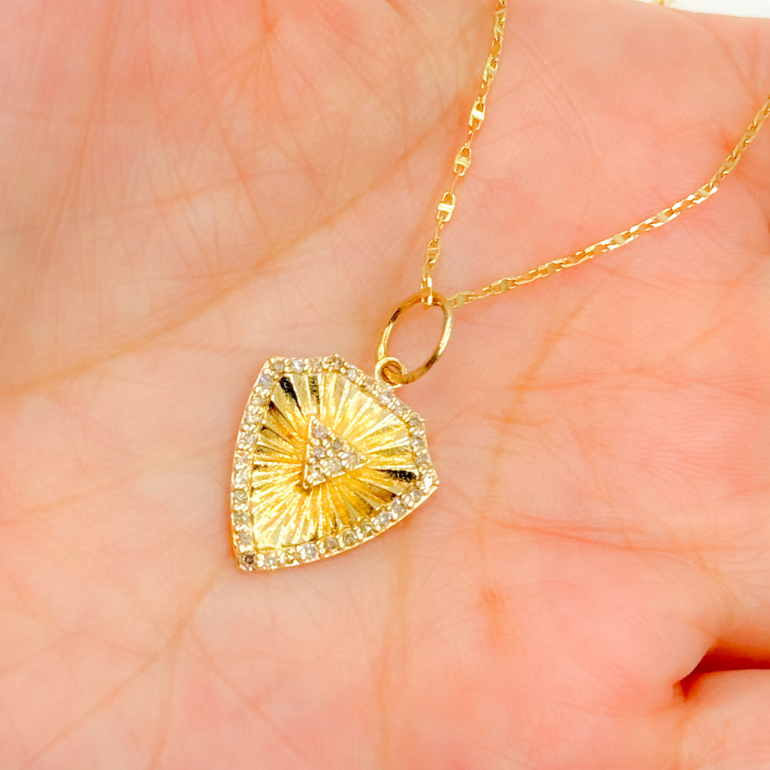 14K Solid Gold Diamond Shield Charm with Triangle in the Center. GDP533