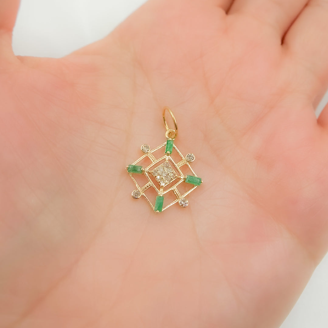 14k Solid Gold Diamond and Emerald Square Charm. GDP626