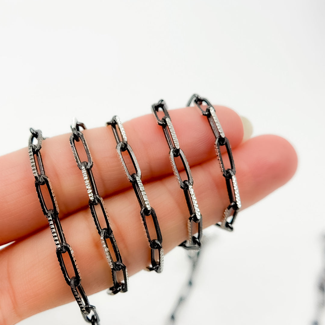 Z113SB. Two Tone Sterling Silver and Black Rhodium Paperclip Textured Chain