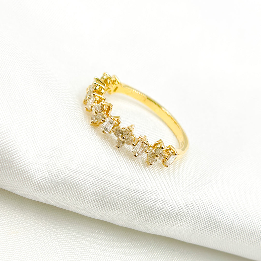 14K Solid Yellow Gold Diamond Flower and Baguette Ring. RAF01630