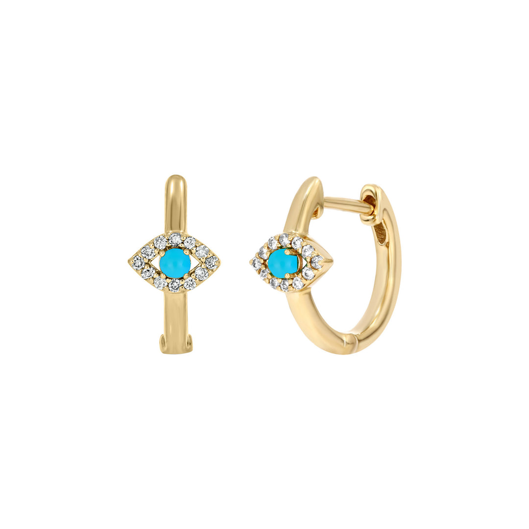 EHB57135TQ. 14k Solid Gold Diamond and Turquoise Eye Huggies