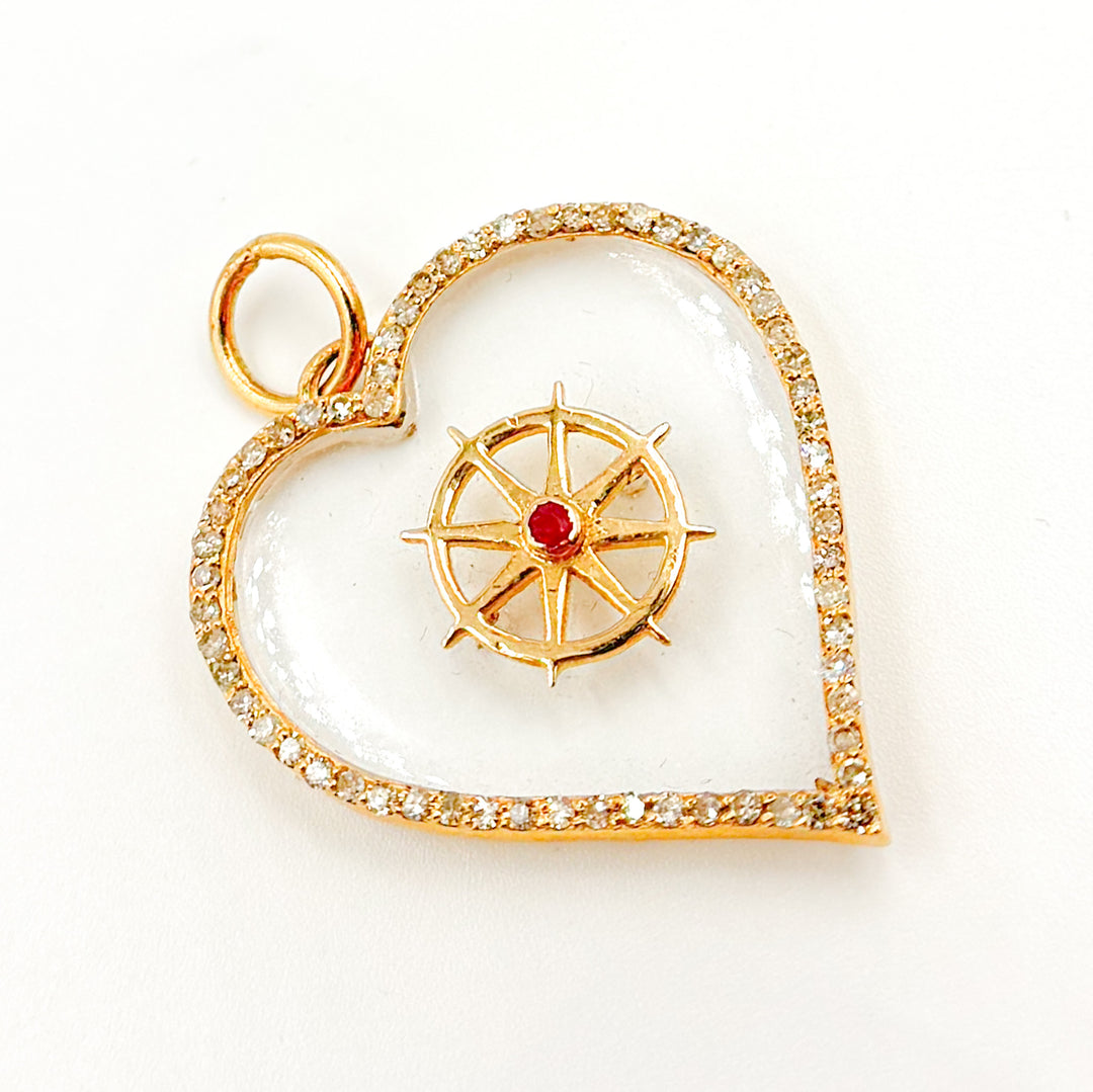 14K Solid Gold Compass Heart Pendant