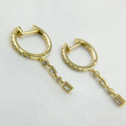 HP400533. 14k Solid Gold Diamond Dangle Huggie Earrings