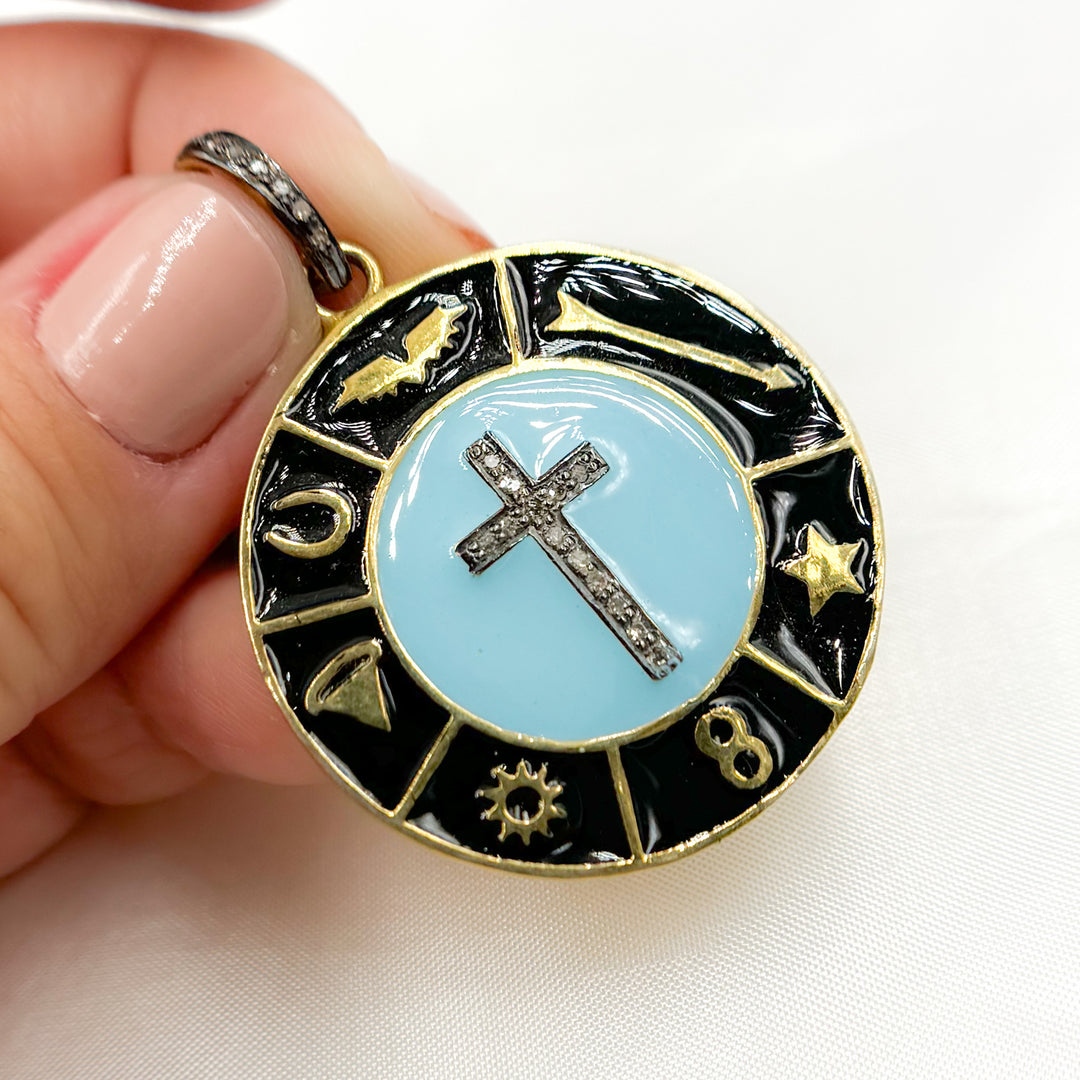 DP529A. Diamond Sterling Silver Round Cross Enamel Pendant