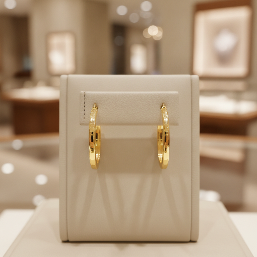 GER156. 14K Solid Gold Hollow Flat Hoop Earrings