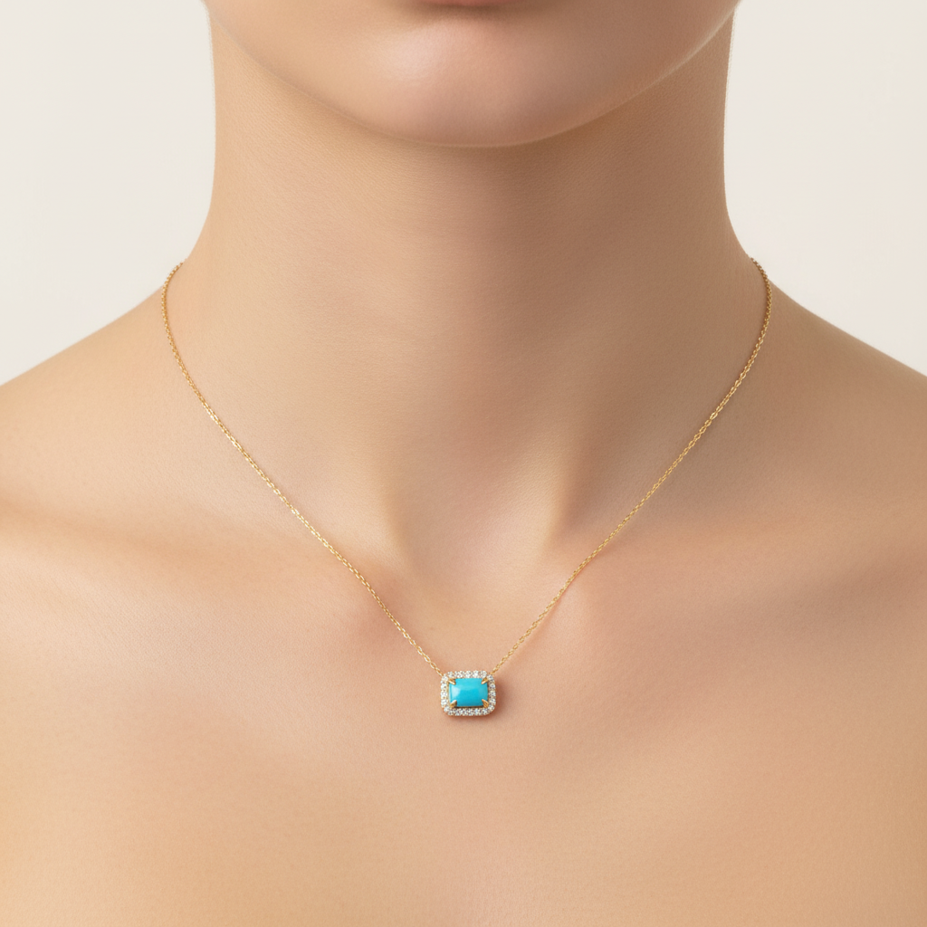 NT407129. 14K Solid Gold Octagon Turquoise Fancy Tiny Necklace