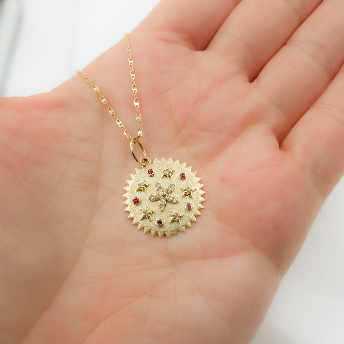 GDP494. 14k Solid Gold Diamond and Gemstone Circle and Flower Charm