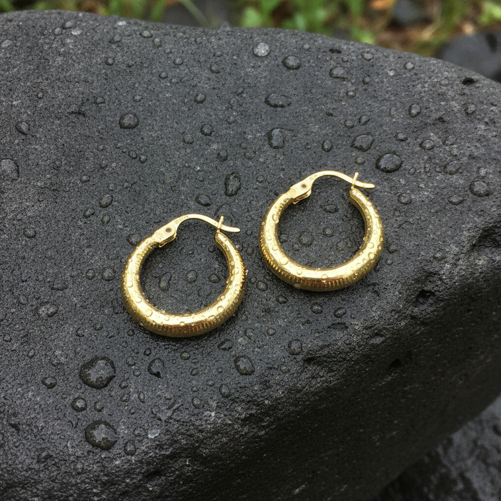 GER143. 14K Gold Chunky Textured Hollow Hoop