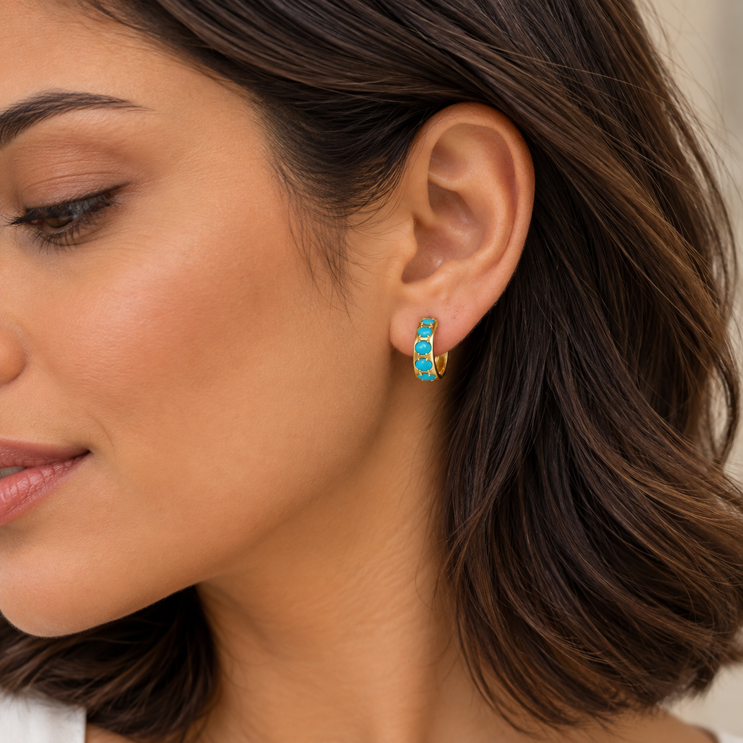 EHZ57740TQ. 14K Solid Gold Turquoise Huggies Hoop Earrings