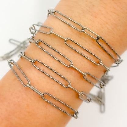 Oxidized Sterling Silver Paperclip Diamond Cut and Smooth Links Chain