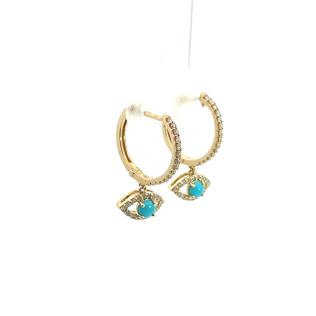 EHG56978TQY. 14k Solid Gold Diamond & Turquoise Eye Hoops