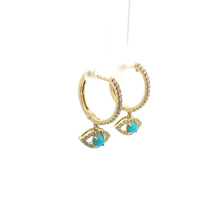 EHG56978TQY. 14k Solid Gold Diamond & Turquoise Eye Hoops