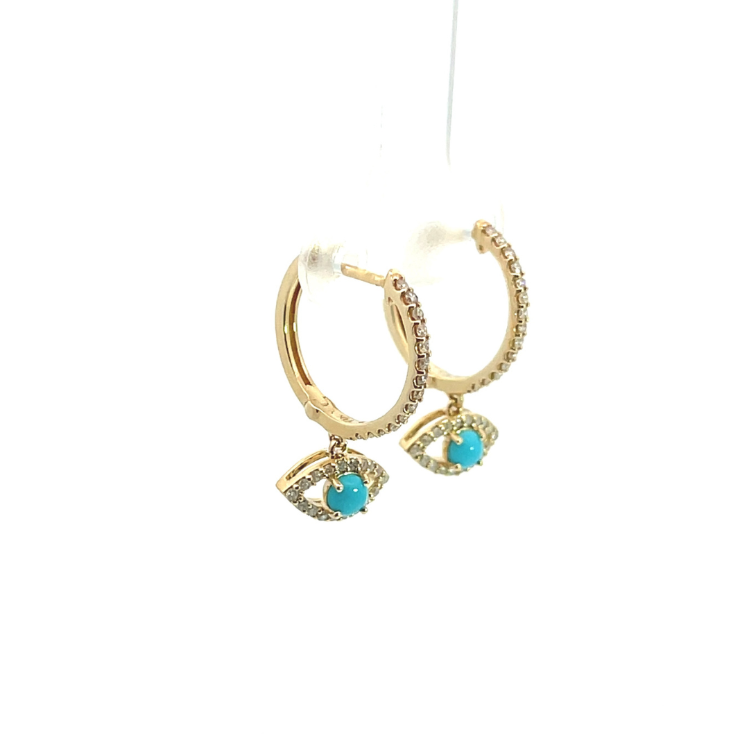 14k Solid Gold Diamond & Turquoise Eye Hoops. EHG56978TQY