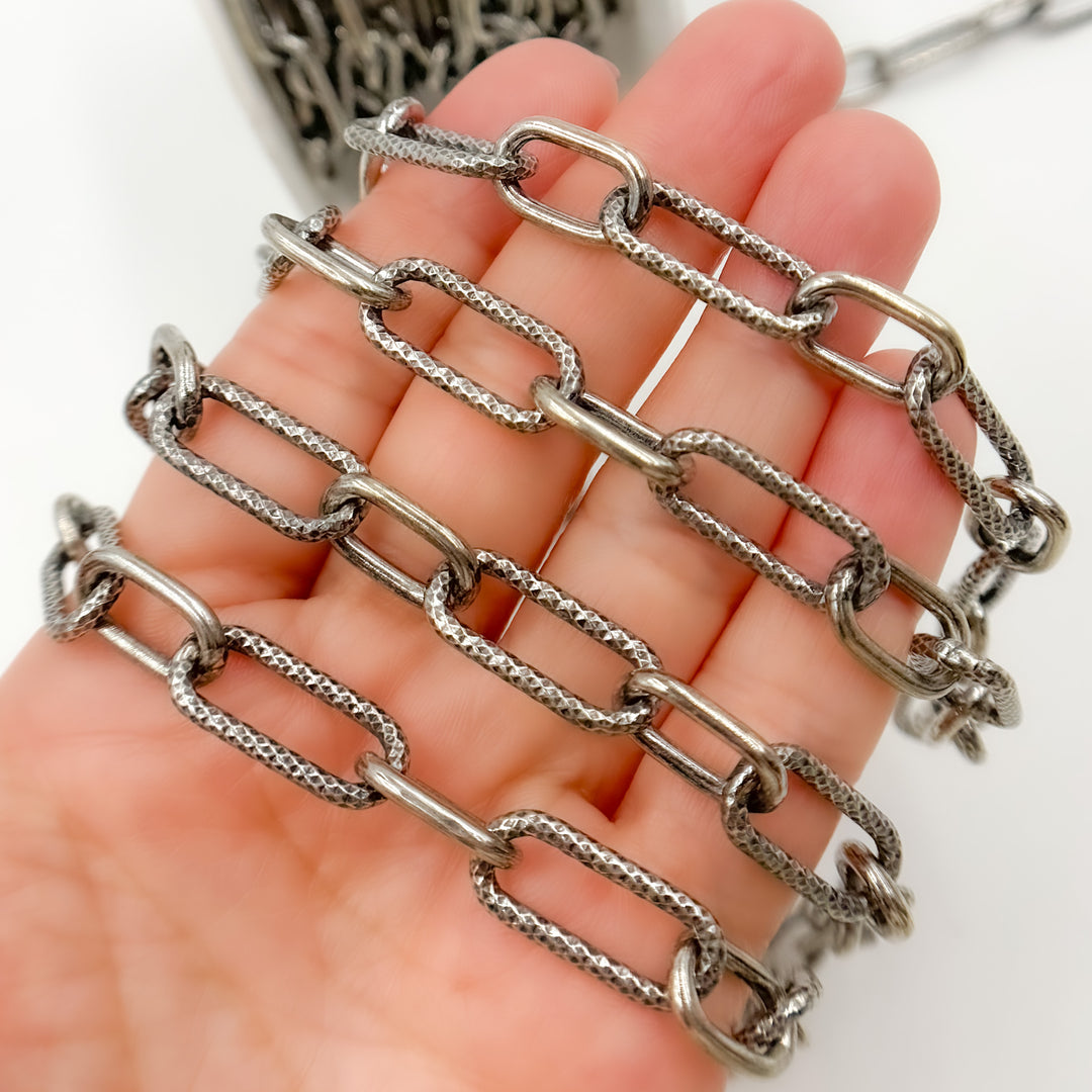 V150OX. Oxidized Sterling Silver Paperclip Smooth & Diamond Cut Link Chain
